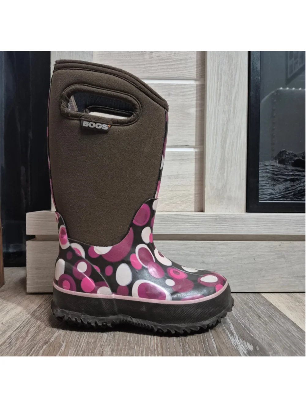 Girls Bogs Winter Boots Brown and Purple Polka Dot Pattern sz 10